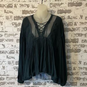 Free People FP Beach Black Lace Up Mesh Boho  Peasant Blouse Flowy Boho